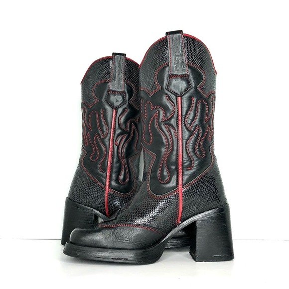 Vintage Destroy Snake Print Square Toe Cowgirl Platform Boots Women’s 40 Shoes - Picture 6 of 11